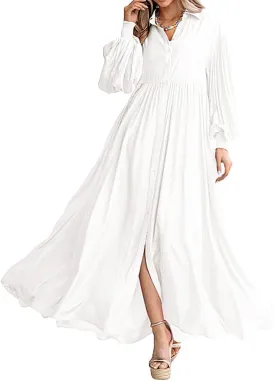 Womens Plus Size Button Down Shirt Dress Summer Trendy Lantern Sleeve Maxi Dress Pleated Wedding Guest Dress S-4XL
