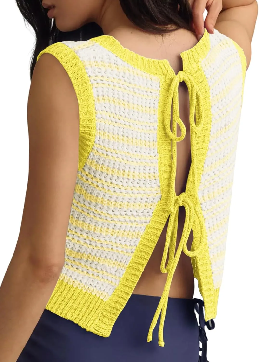 Yousify Womens Crochet Chunky Knit Tops Striped Sweater Vest Sleeveless Sweater Cardigan Bow Tie Open Front Tank Tops