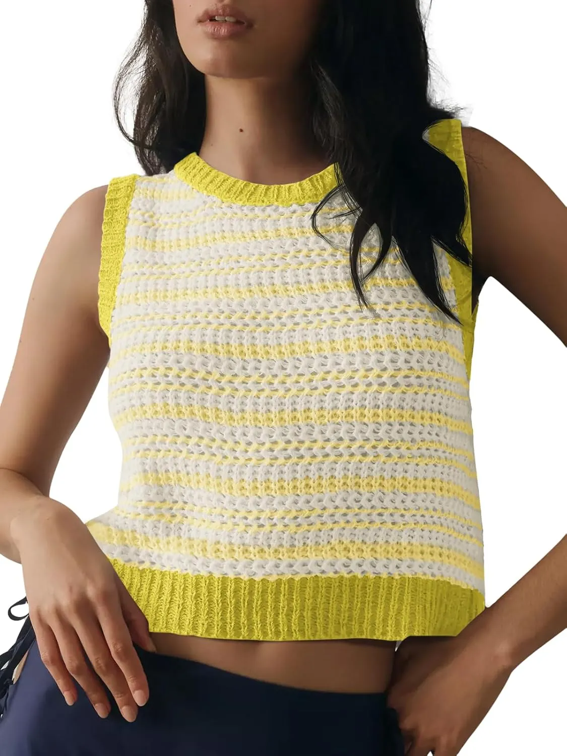 Yousify Womens Crochet Chunky Knit Tops Striped Sweater Vest Sleeveless Sweater Cardigan Bow Tie Open Front Tank Tops