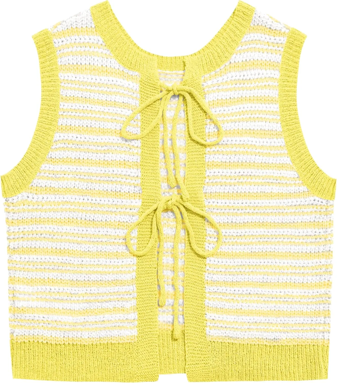 Yousify Womens Crochet Chunky Knit Tops Striped Sweater Vest Sleeveless Sweater Cardigan Bow Tie Open Front Tank Tops
