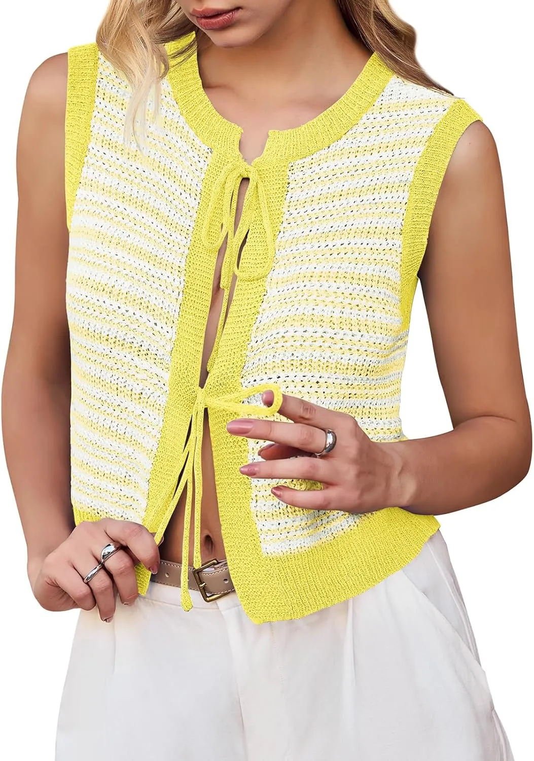 Yousify Womens Crochet Chunky Knit Tops Striped Sweater Vest Sleeveless Sweater Cardigan Bow Tie Open Front Tank Tops