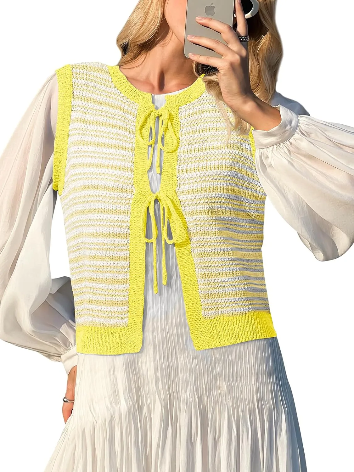 Yousify Womens Crochet Chunky Knit Tops Striped Sweater Vest Sleeveless Sweater Cardigan Bow Tie Open Front Tank Tops
