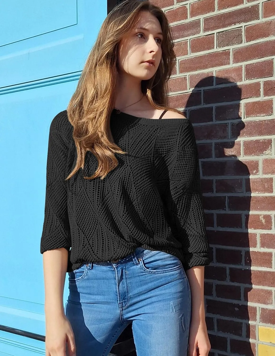Zeagoo Crochet Tops for Women Off The Shoulder Sweaters Summer Long Sleeve Hollow Out Knit Beach Clothes S-XXL