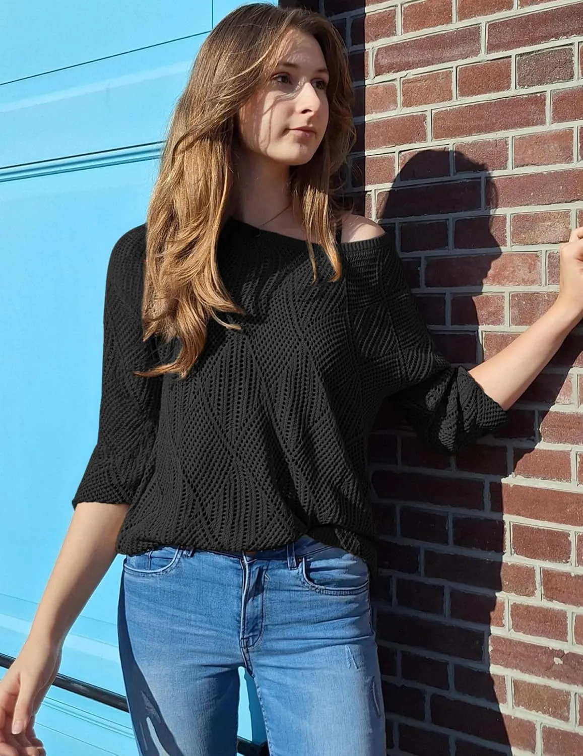 Zeagoo Crochet Tops for Women Off The Shoulder Sweaters Summer Long Sleeve Hollow Out Knit Beach Clothes S-XXL