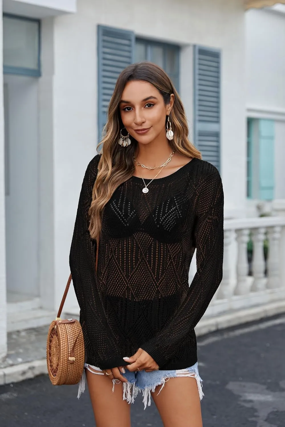 Zeagoo Crochet Tops for Women Off The Shoulder Sweaters Summer Long Sleeve Hollow Out Knit Beach Clothes S-XXL