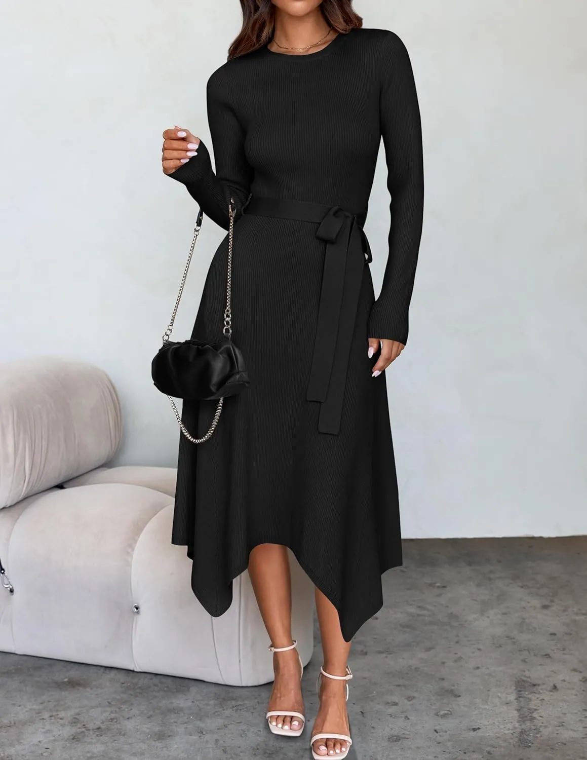 ZESICA Women's 2025 Spring Long Sleeve Crewneck Ribbed Knit High Waist Midi Sweater Dresses with Belt