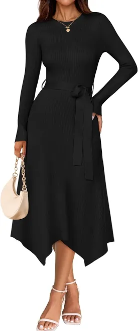 ZESICA Women's 2025 Spring Long Sleeve Crewneck Ribbed Knit High Waist Midi Sweater Dresses with Belt