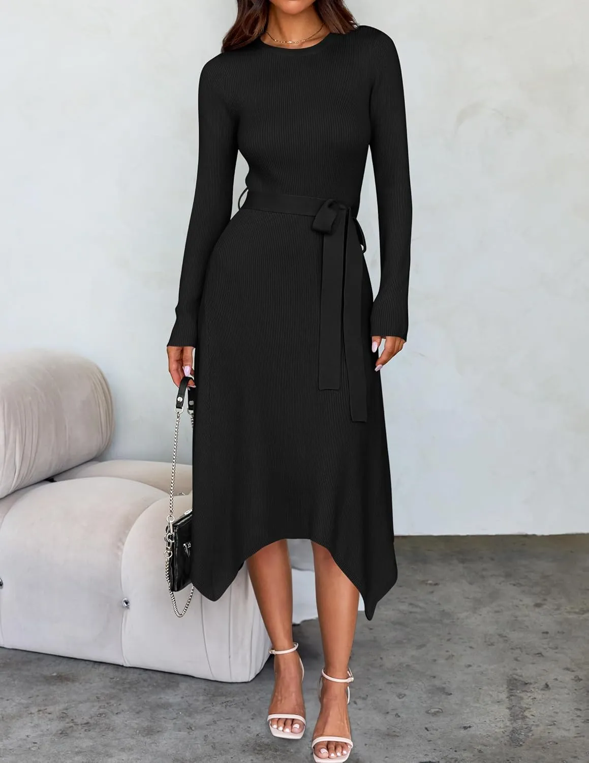 ZESICA Women's 2025 Spring Long Sleeve Crewneck Ribbed Knit High Waist Midi Sweater Dresses with Belt