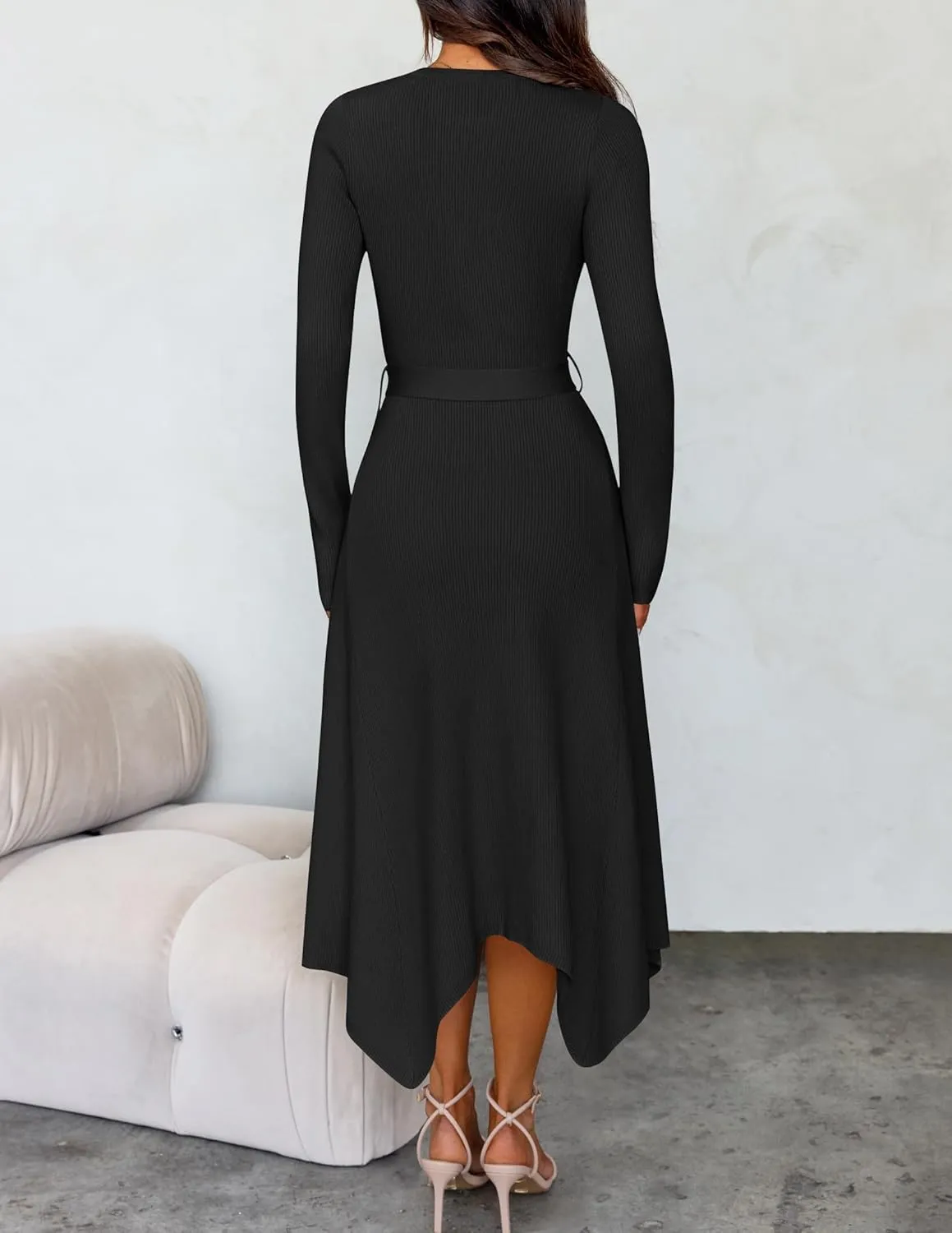 ZESICA Women's 2025 Spring Long Sleeve Crewneck Ribbed Knit High Waist Midi Sweater Dresses with Belt