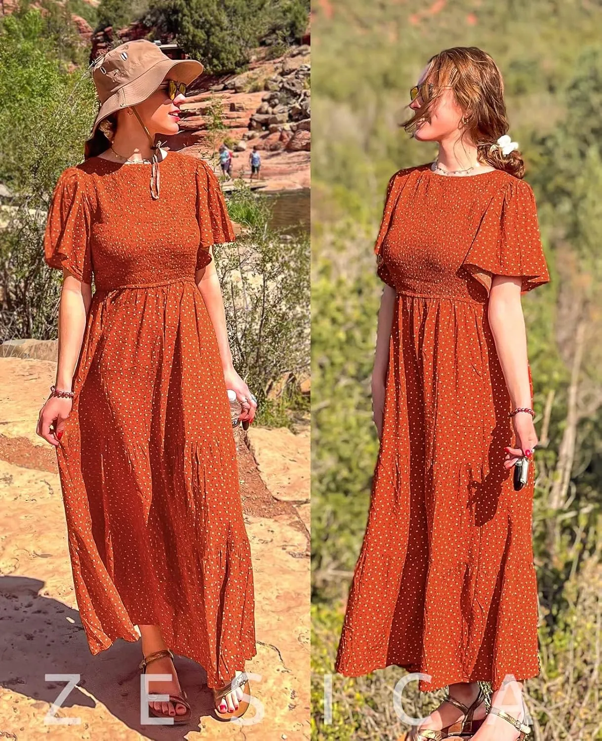 ZESICA Women's 2025 Summer Casual Floral Print Short Flutter Sleeve Crew Neck Smocked High Waist Flowy Maxi Dress