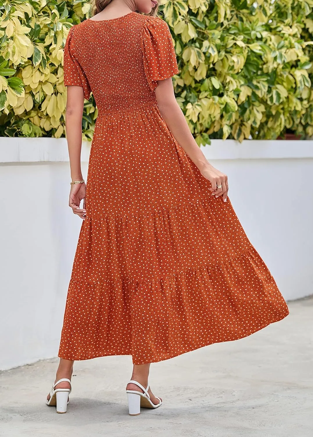 ZESICA Women's 2025 Summer Casual Floral Print Short Flutter Sleeve Crew Neck Smocked High Waist Flowy Maxi Dress