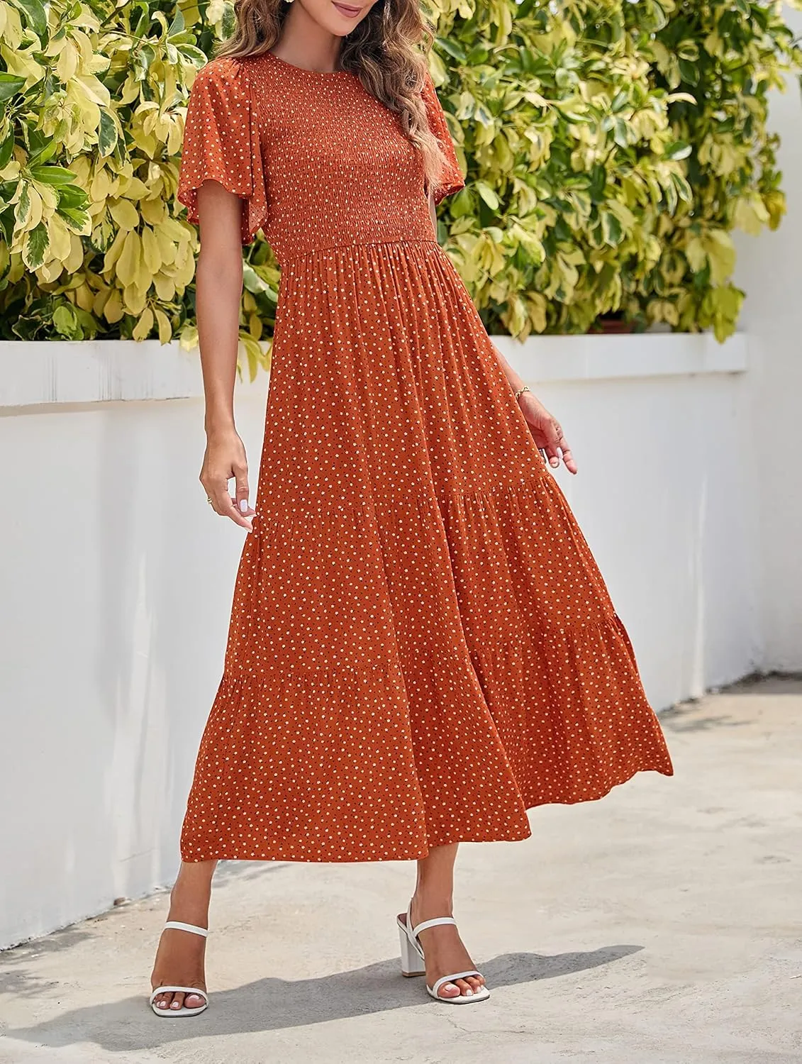 ZESICA Women's 2025 Summer Casual Floral Print Short Flutter Sleeve Crew Neck Smocked High Waist Flowy Maxi Dress