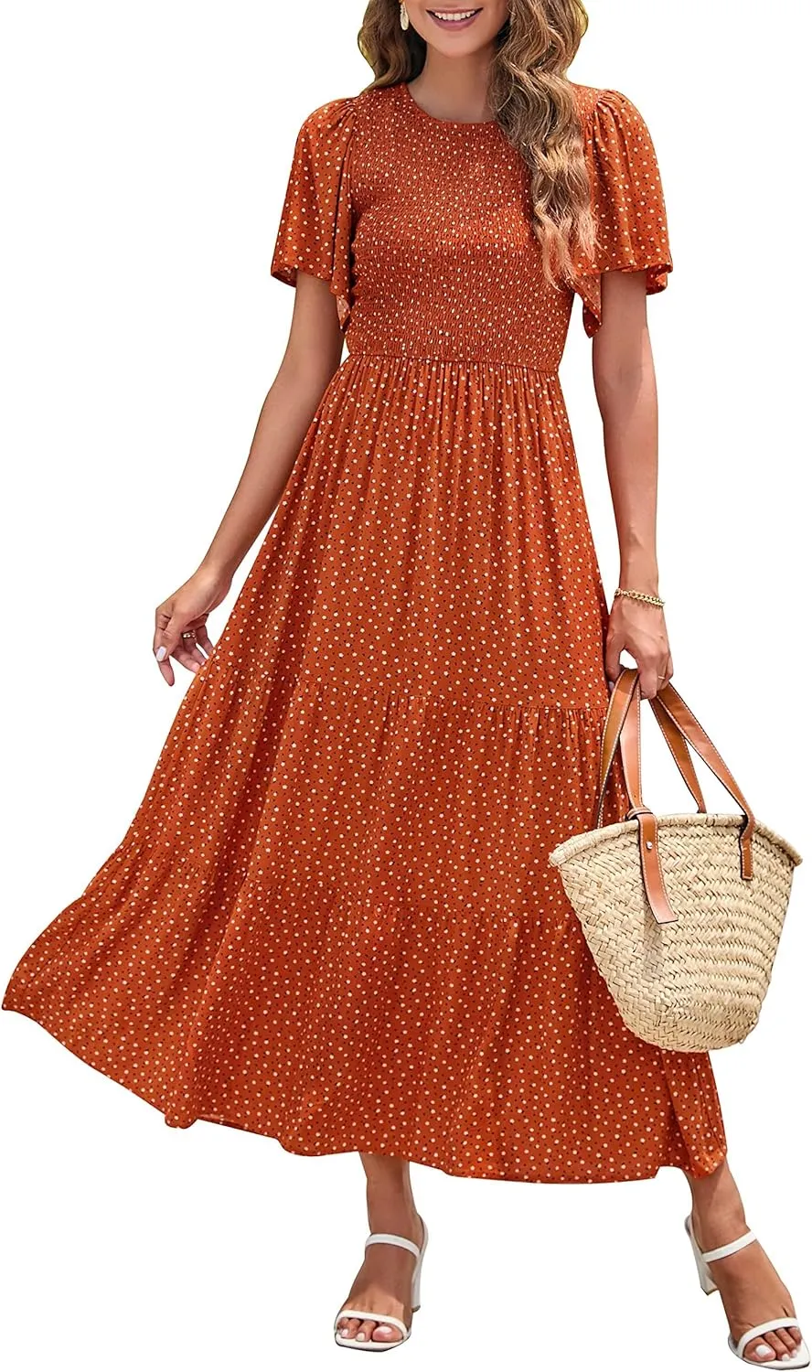 ZESICA Women's 2025 Summer Casual Floral Print Short Flutter Sleeve Crew Neck Smocked High Waist Flowy Maxi Dress