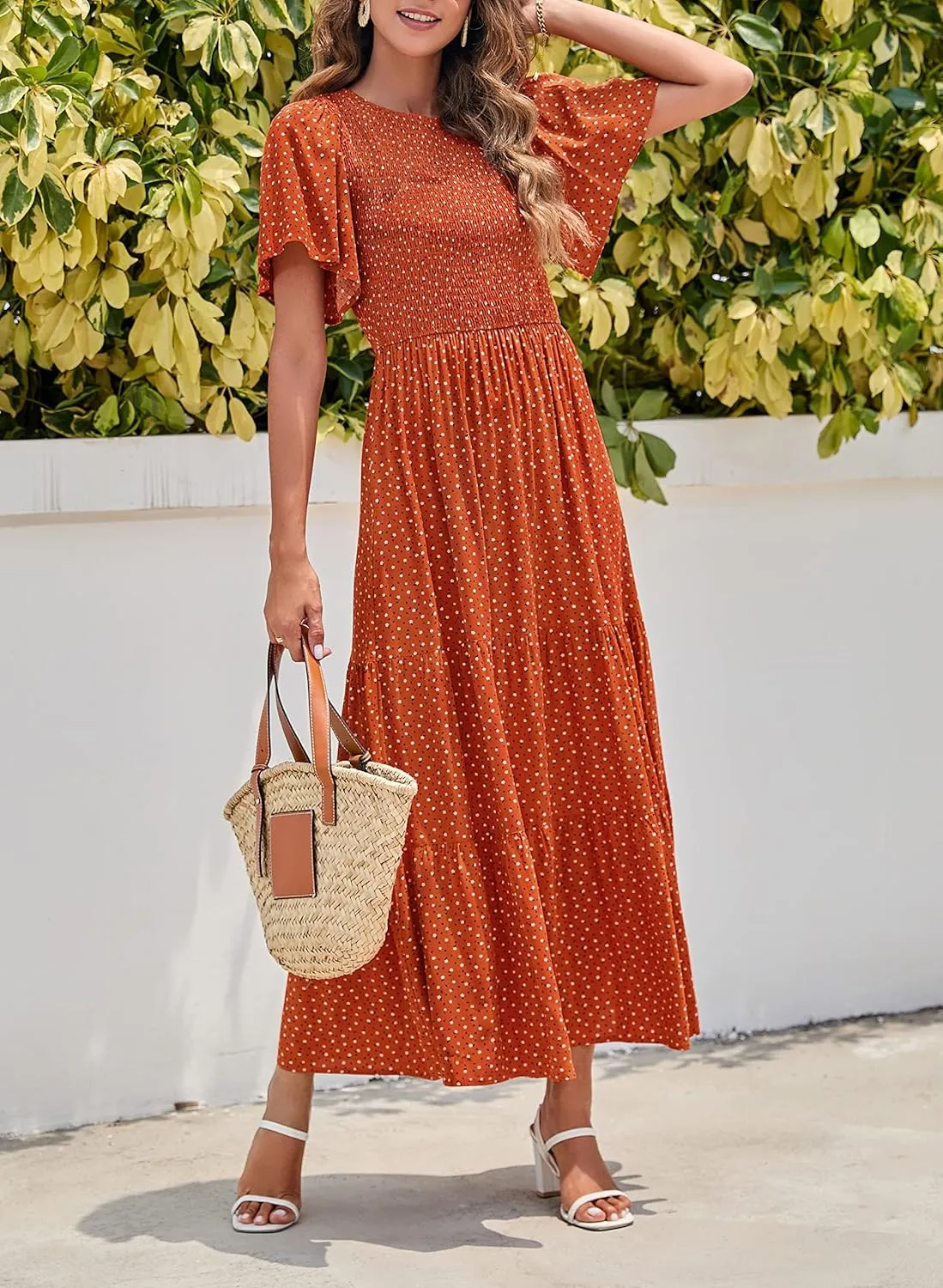ZESICA Women's 2025 Summer Casual Floral Print Short Flutter Sleeve Crew Neck Smocked High Waist Flowy Maxi Dress
