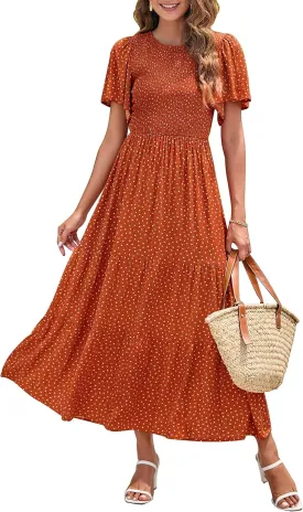 ZESICA Women's 2025 Summer Casual Floral Print Short Flutter Sleeve Crew Neck Smocked High Waist Flowy Maxi Dress