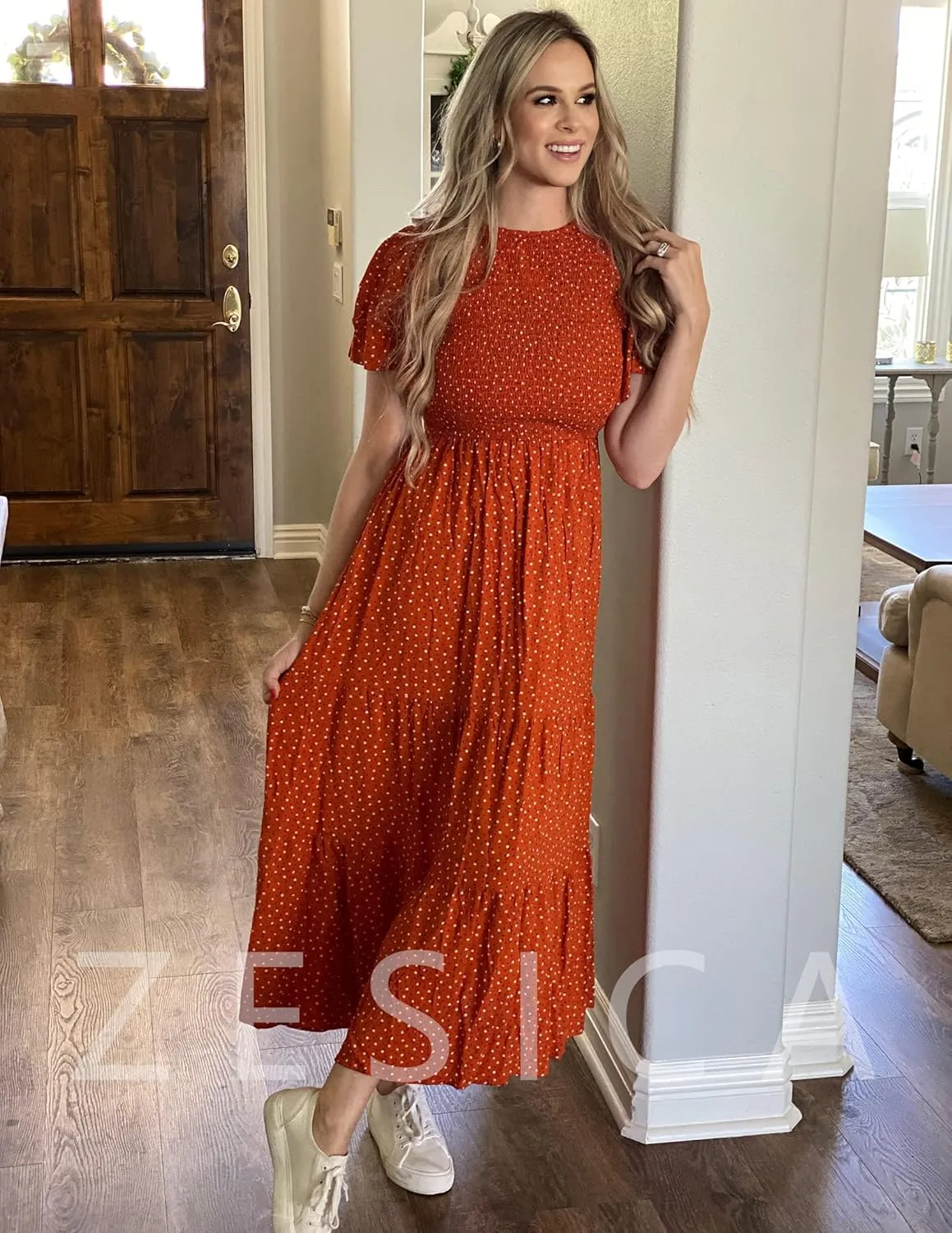 ZESICA Women's 2025 Summer Casual Floral Print Short Flutter Sleeve Crew Neck Smocked High Waist Flowy Maxi Dress
