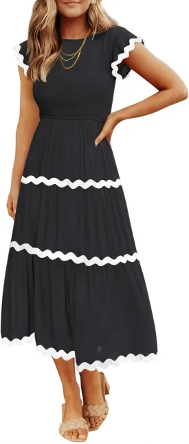 ZESICA Women's Summer Flutter Short Sleeve Smocked Midi Dress Casual High Waist Rickrack Tiered Flowy Dresses