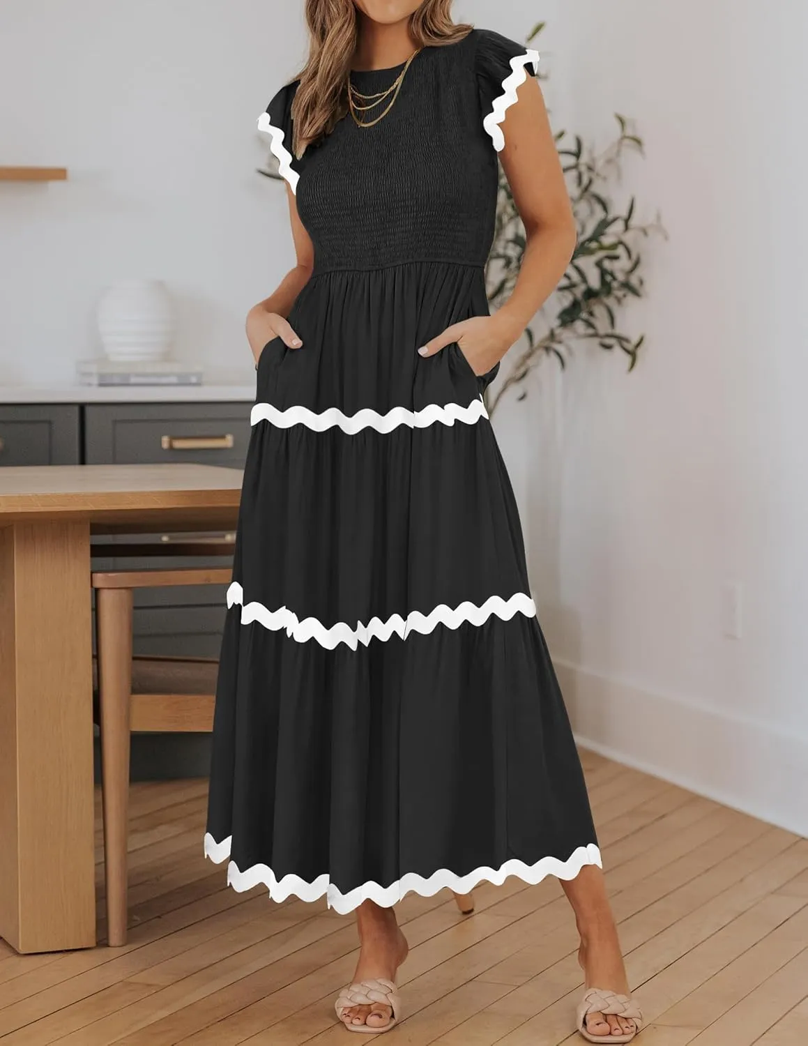 ZESICA Women's Summer Flutter Short Sleeve Smocked Midi Dress Casual High Waist Rickrack Tiered Flowy Dresses