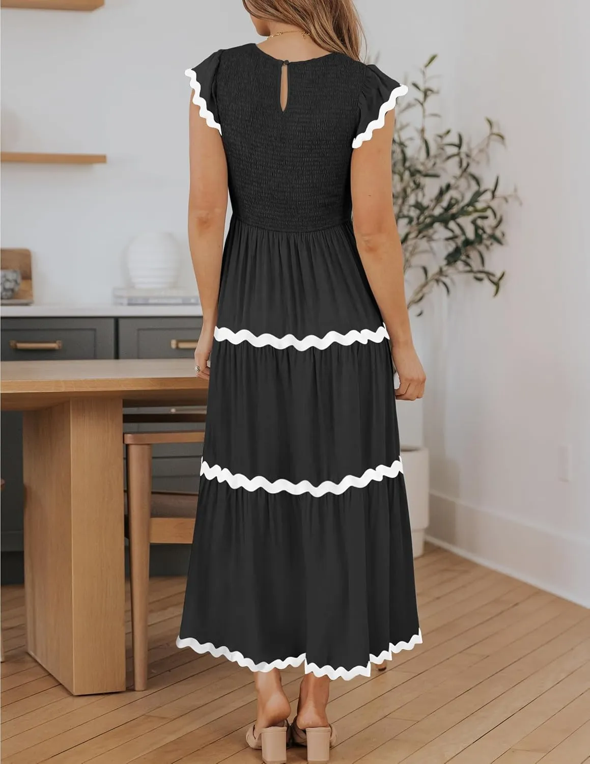 ZESICA Women's Summer Flutter Short Sleeve Smocked Midi Dress Casual High Waist Rickrack Tiered Flowy Dresses
