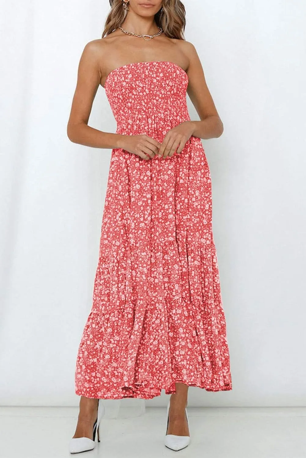 ZESICA Women's Summer Strapless Dress Off Shoulder Sleeveless High Waist Solid Color Beach Long Dresses