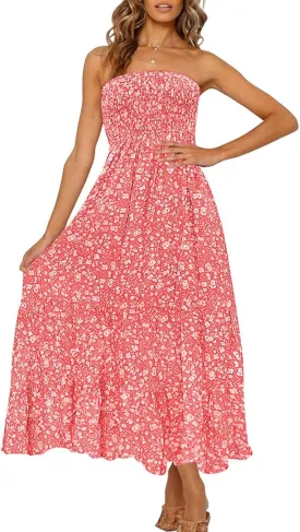 ZESICA Women's Summer Strapless Dress Off Shoulder Sleeveless High Waist Solid Color Beach Long Dresses
