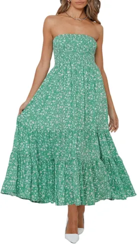 ZESICA Women's Summer Strapless Dress Off Shoulder Sleeveless High Waist Solid Color Beach Long Dresses