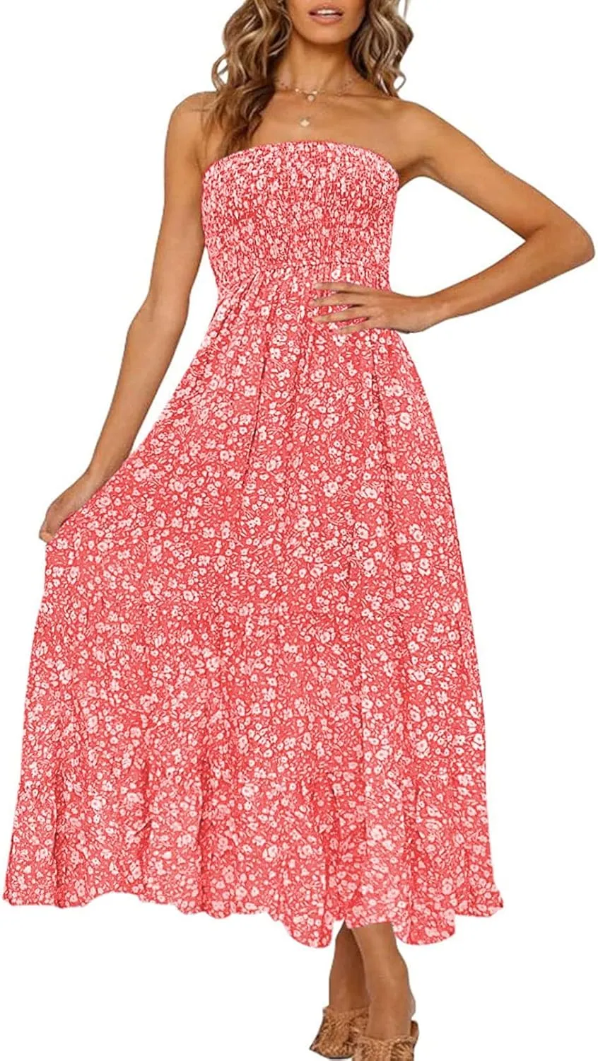 ZESICA Women's Summer Strapless Dress Off Shoulder Sleeveless High Waist Solid Color Beach Long Dresses