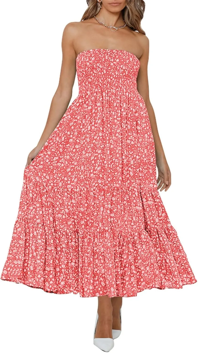 ZESICA Women's Summer Strapless Dress Off Shoulder Sleeveless High Waist Solid Color Beach Long Dresses